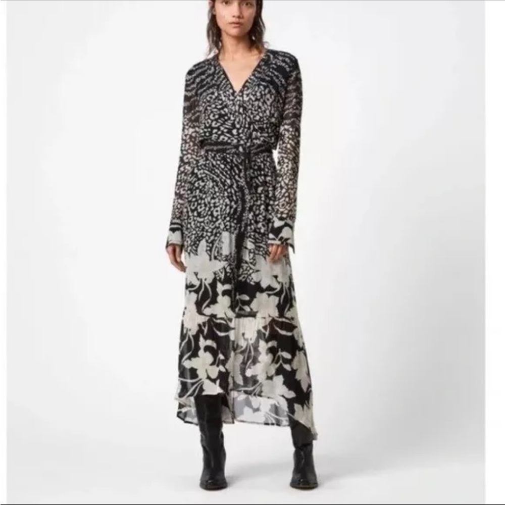 All Saints Florence Tempo V Neck Floral Maxi High Low Long Sleeve Dress Size 6